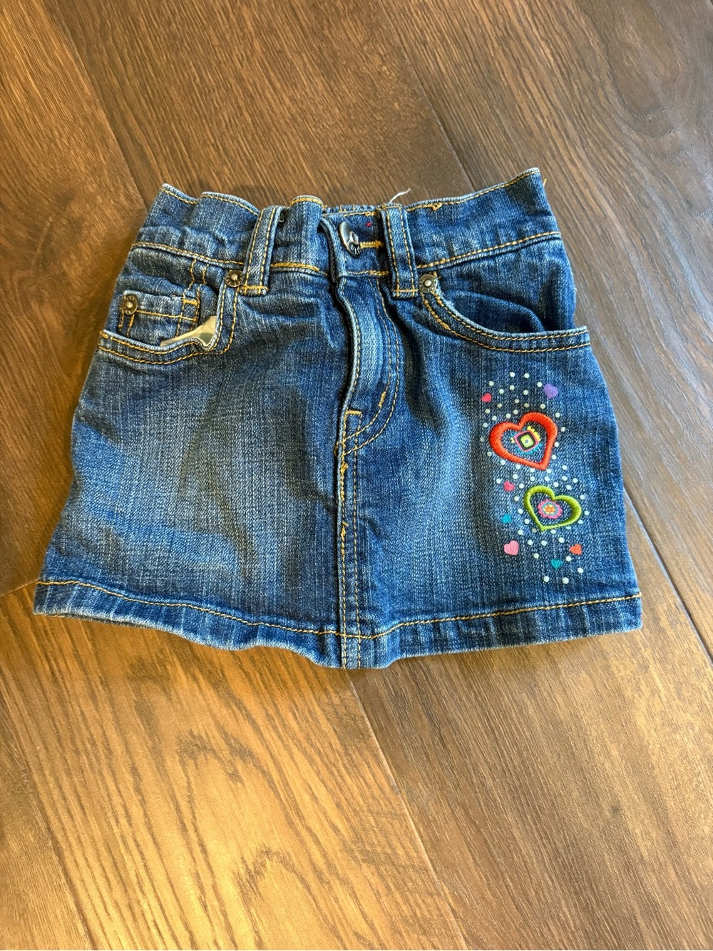 Girls' Dark Blue Denim Skirt with Colorful Heart Embroidery